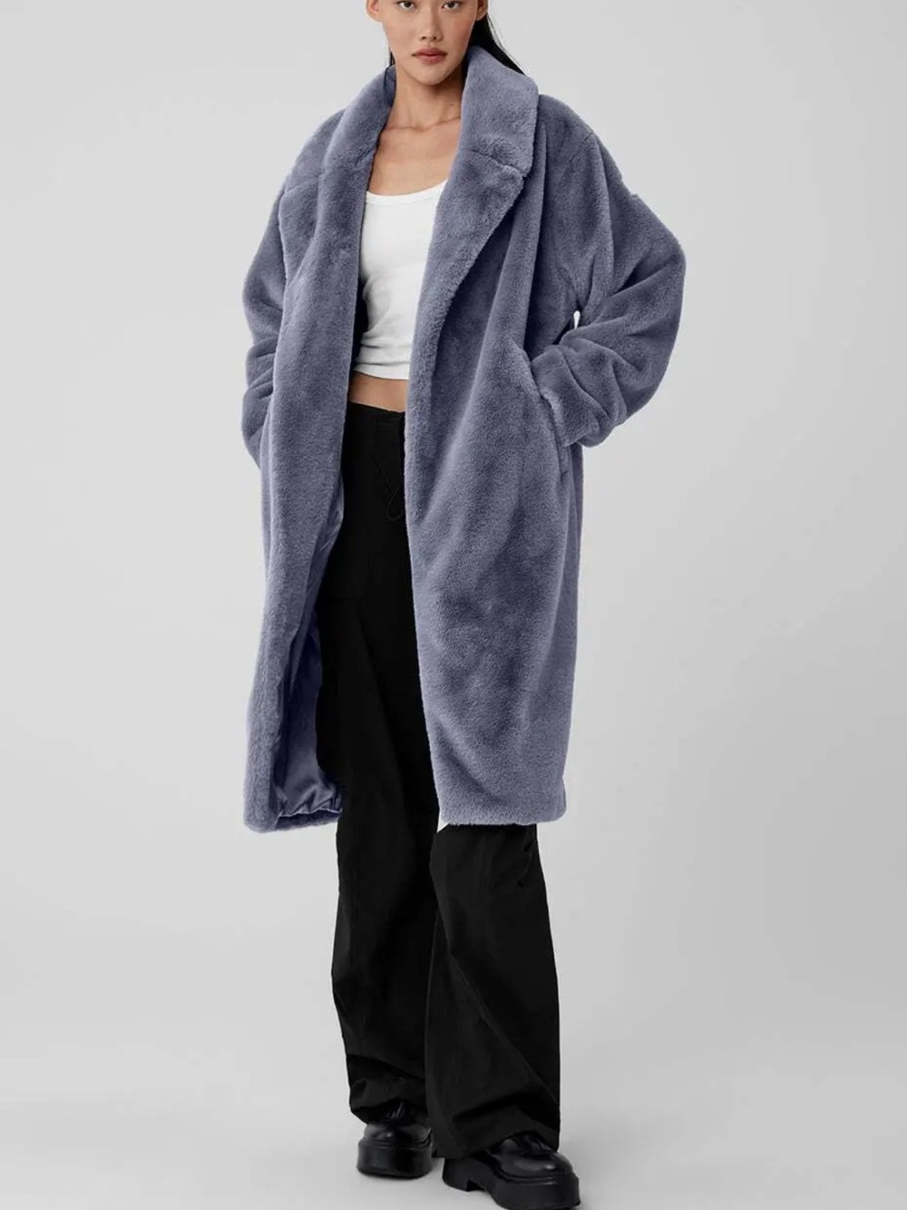 All Plush Faux Fur Long Coat in fog